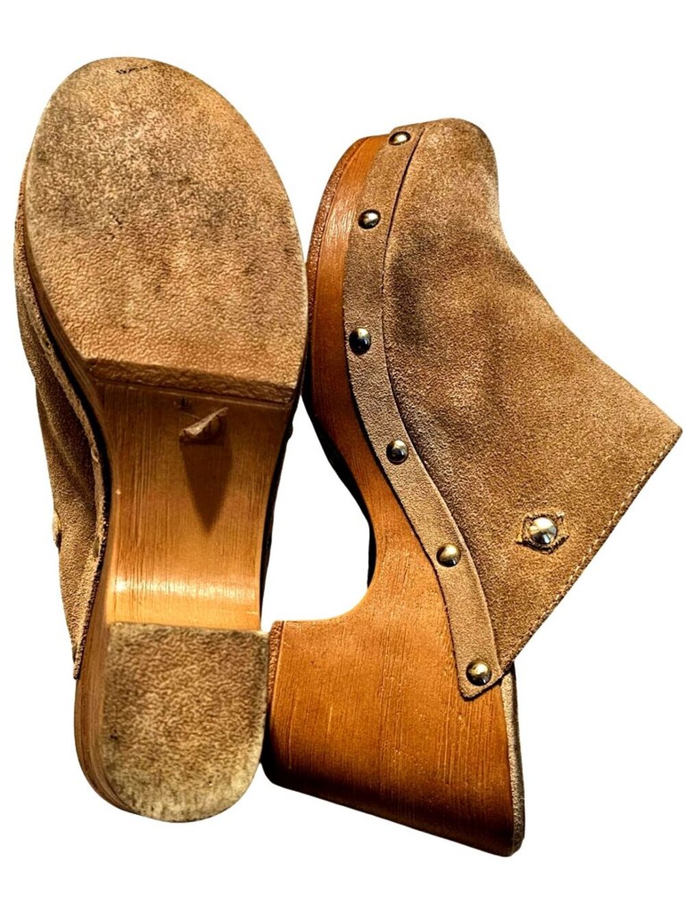 Steve Madden Tan Suede Clogs With Wooden Platform & Brass Studs - Picture 7 of 11